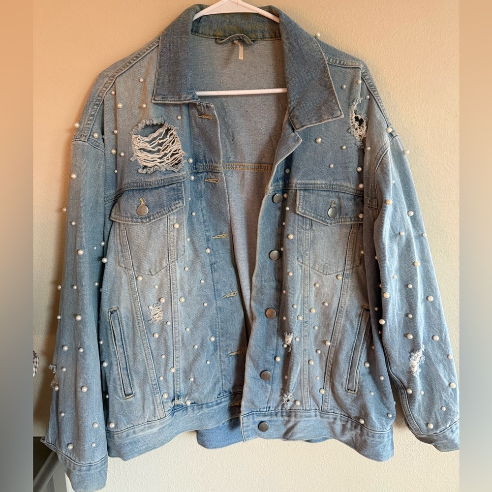Free People Light Blue Distressed Jean Jacket with Pearl Accents